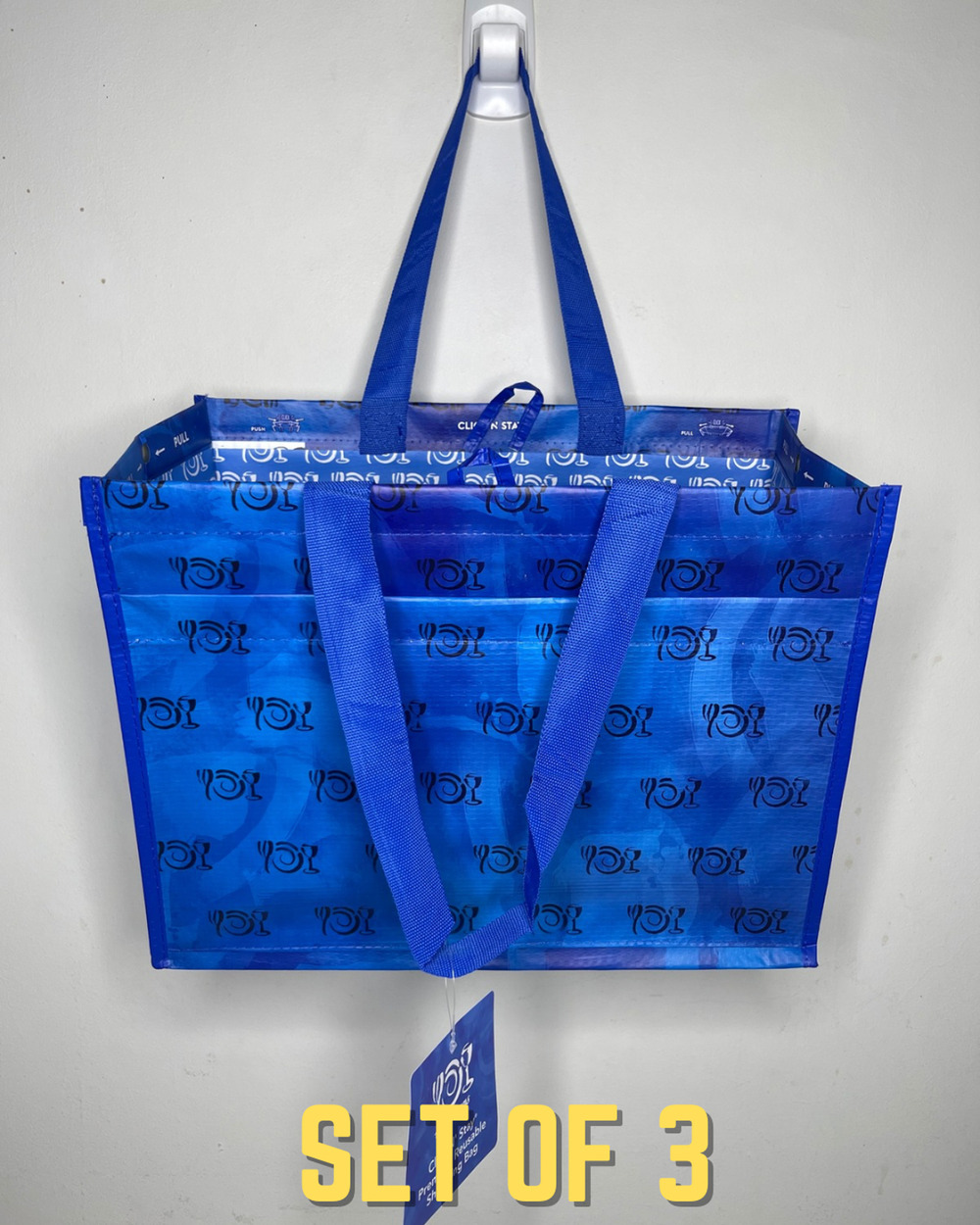 Set of 3, Wegmans Blue Click N' Stay Reusable Grocery Tote Bag w/ Liner + Pocket